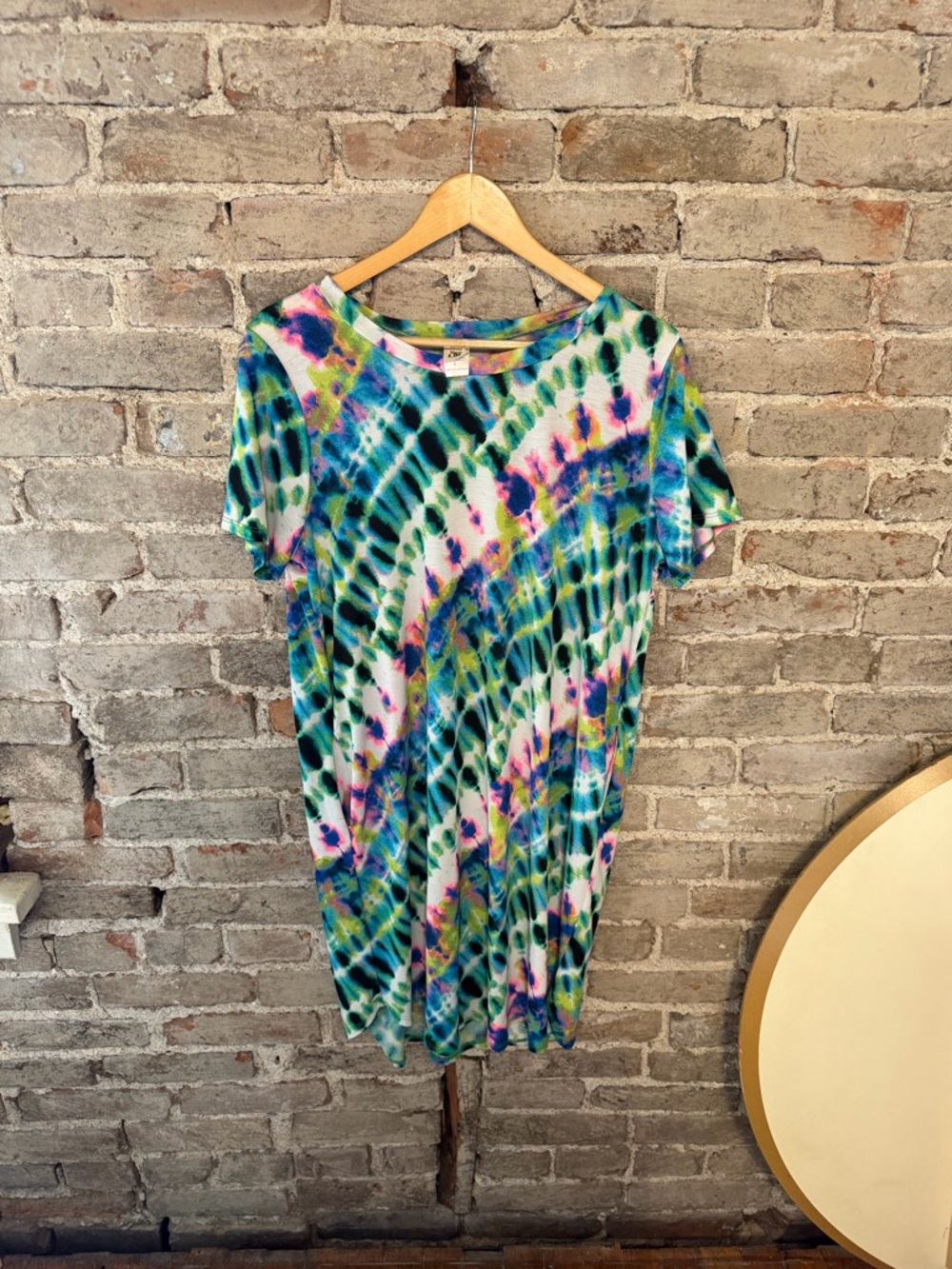 Sew In Love Tie-Dye Short Sleeve Shift Dress in Teal, Green & Pink